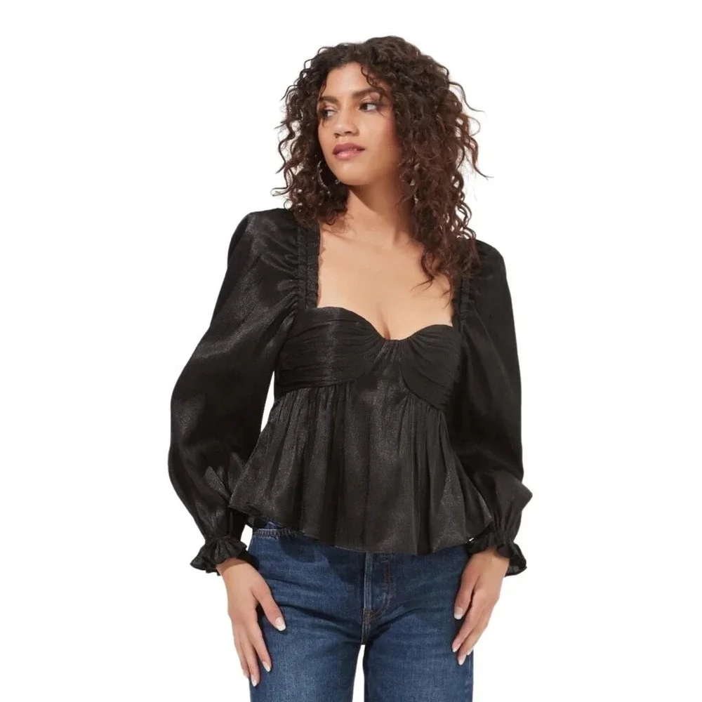 NWT ASTR The Label Sz Small IRENE Black Shine Babydoll‎ Top Smocked Back Ruffle